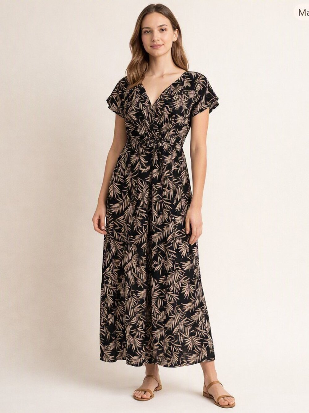 Tahari Linen Jumpsuit Black and Tan Palm Size XL